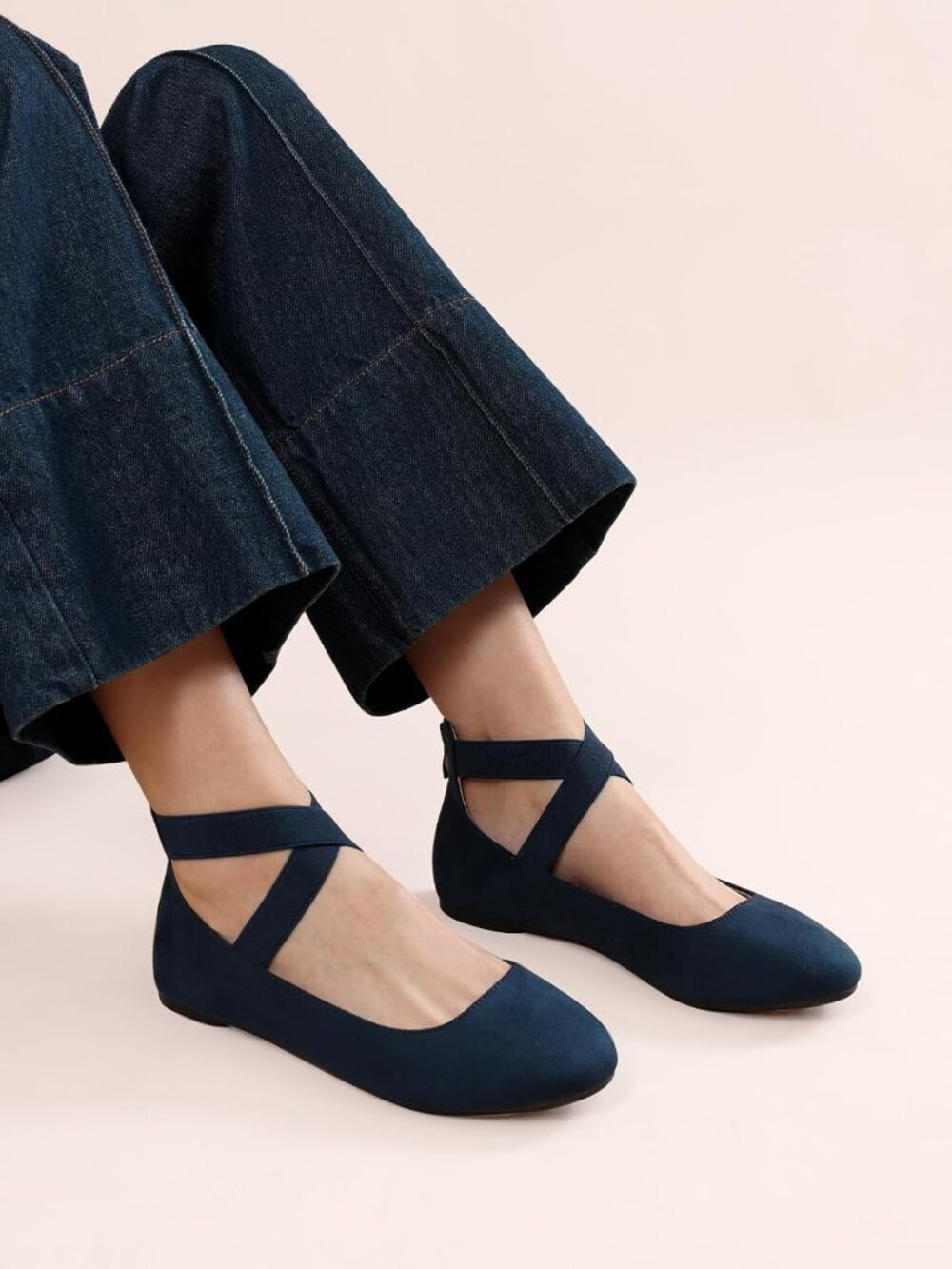 Women's Navy-1 Ankle Straps Fashion Elastic Elegant Flexible Flats Dress Shoes - Picture 2 of 6